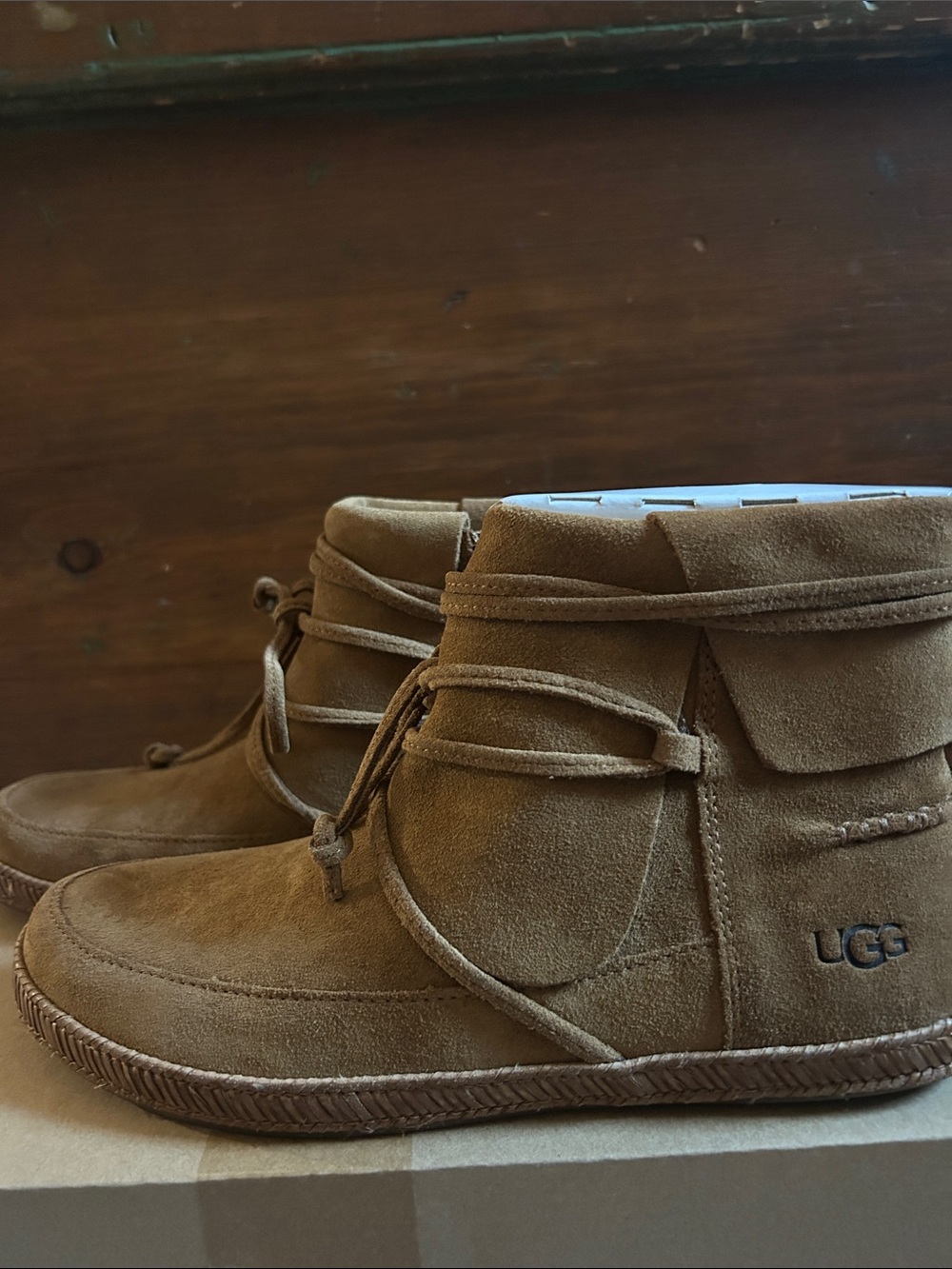 NEW UGG Boots Chestnut Suede Ankle Boots with Tassel Lace